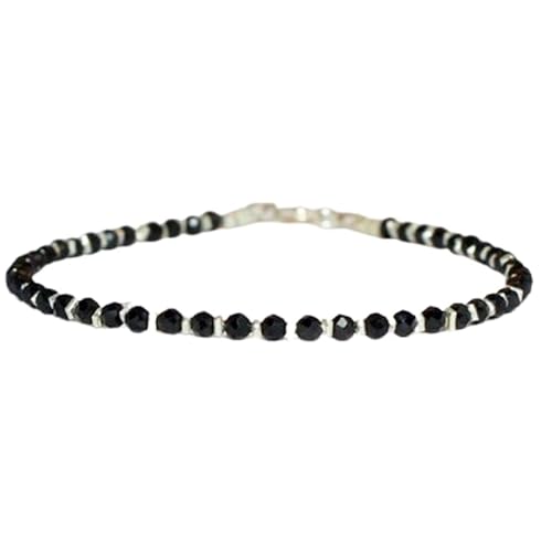 WORLD WIDE GEMS Schwarzes Spinell 3 mm runde Form facettierte Perlen 17,8 cm verstellbar versilbert Verschluss Armband für Männer Frauen Unisex Gliederkette Stapelarmband WWG_CH_01267 von WORLD WIDE GEMS