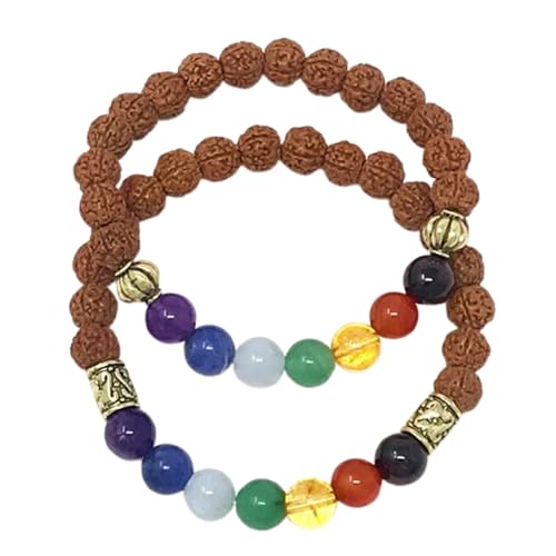 WORLD WIDE GEMS WW_CPL_S_002 Chakra-Stein & Rudraksha 8 mm runde glatte Perlen Langstrecken-Paar-Liebes-Freundschafts-Armband-Set – dehnbare Armbänder für Paare, 19 cm, Edelstein Edelstein 7 von WORLD WIDE GEMS