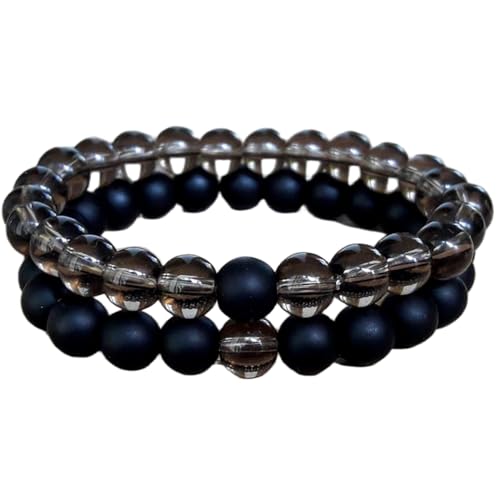 WORLD WIDE GEMS WW_CPL_S_052 Armband-Set aus schwarzem Obsidian und Rauchquarz, 8 mm, rund, glatte Perlen, lange Distanz, Paare, Liebe, Freundschaft, dehnbar, 8 mm, 19 cm, Edelstein Edelstein von WORLD WIDE GEMS