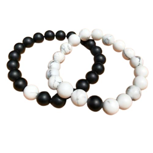 WORLD WIDE GEMS WW_CPL_S_148 Howlith & Mattschwarzer Onyx, 8 mm, runde glatte Perlen, lange Distanz, Paare, Liebe, Freundschaft, Kombi-Armband-Set, 15,2 cm, Edelstein Edelstein Howlith und von WORLD WIDE GEMS