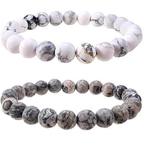 WORLD WIDE GEMS WW_CPL_S_152 Howlith & Picasso Jaspis 8 mm runde glatte Perlen Langstrecken-Paare-Liebes-Freundschafts-Armband-Set – dehnbare Armbänder für Paare, 17,78 cm (7 Zoll), Edelstein von WORLD WIDE GEMS