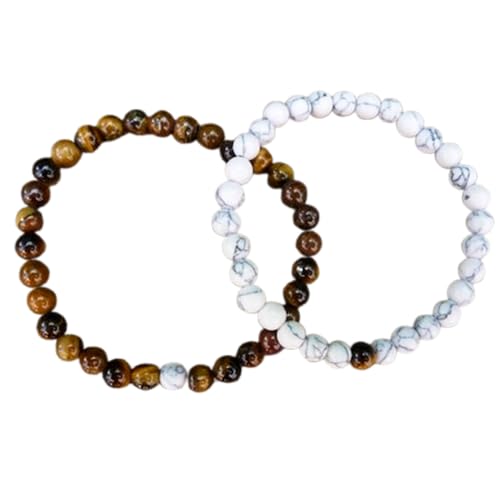 WORLD WIDE GEMS WW_CPL_S_154 Howlith & Tigerauge 6 mm runde glatte Perlen Langstrecken-Paare-Liebes-Freundschafts-Kombinations-Armband-Set – dehnbare Armbänder für Paare, 16,5 cm, Edelstein Edelstein von WORLD WIDE GEMS