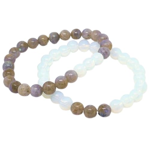 WORLD WIDE GEMS WW_CPL_S_233 Opalit & Labradorit 8 mm runde glatte Perlen lange Distanz Paare Liebe Freundschaft Combo Armband Set – Paare, Beziehung, dehnbare Armbänder Set, 19 cm, Edelstein von WORLD WIDE GEMS