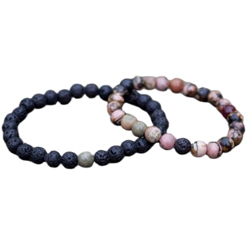WORLD WIDE GEMS WW_CPL_S_262 Rhodonit & schwarze Lava 8 mm runde glatte Perlen lange Distanz Paare Liebe Freundschaft Combo Armband Set – Paare, Beziehung, dehnbare Armbänder Set, 17,78 cm (7 Zoll von WORLD WIDE GEMS