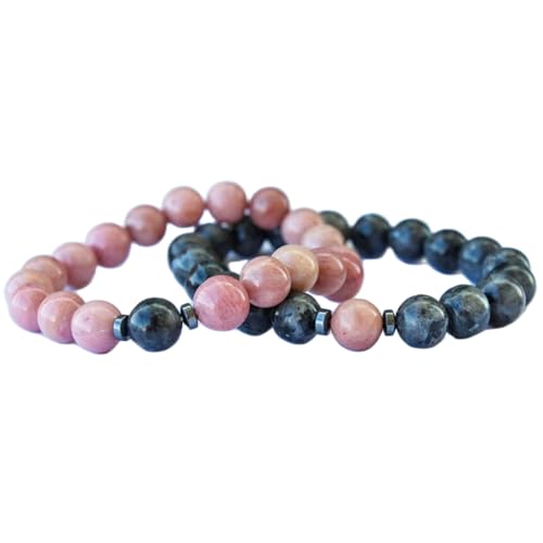 WORLD WIDE GEMS WW_CPL_S_265 Rhodonit & Larvikit 8 mm runde glatte Perlen Langstrecken-Paare-Liebes-Freundschafts-Armband-Set – dehnbare Armbänder für Paare, 20 cm, Edelstein Edelstein Rhodonit von WORLD WIDE GEMS