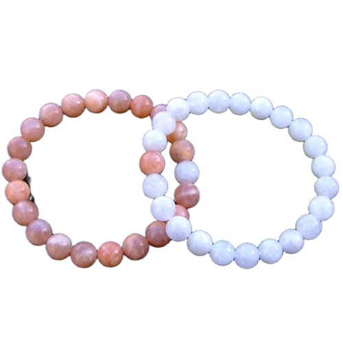 WORLD WIDE GEMS WW_CPL_S_288 Sonnenstein & Mondstein 8 mm runde glatte Perlen Langstrecken-Paare Liebe Freundschaft Combo Armband Set – Paare, Beziehung, dehnbare Armbänder Set, 17,78 cm (7 Zoll von WORLD WIDE GEMS