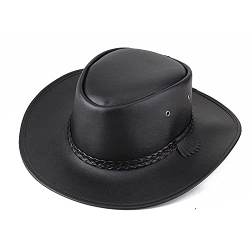 Herren-Lederhut Outback-Hut for Herren, Frühling, Sommer, wasserdicht, Leder, Cowboyhut, Western-Regenhut mit Kinnschnur Hüte für Männer (Color : Black, Size : One Size) von WORNEW