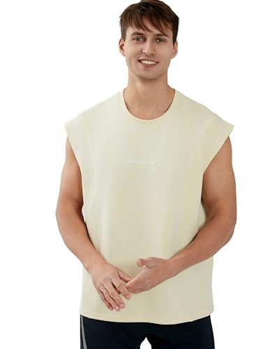 WORWE Herren ärmelloses T-Shirt Weste Spors Mode Gym Training Gym Laufen Atmungsaktiv Schnell Trocknend Sportlich Mode Crossfit Rundhalsausschnitt mit überschnittenen Schultern (L, Elfenbein) von WORWE