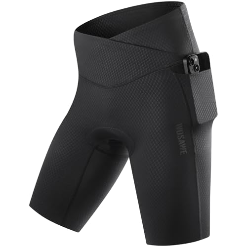 WOSAWE Damen Fahrradhose Atmungsaktiv Hohe Elastizität Radlerhose Hoher Taille Reitstrumpfhose mit 4D Schwamm Gepolstert (Schwarz Shorts, M) von WOSAWE