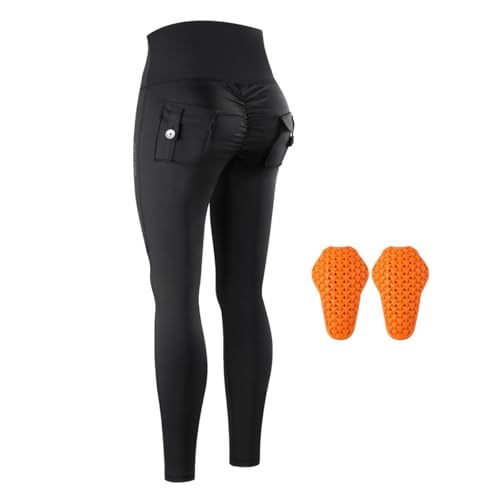 WOSAWE Damen Motorradhose High Waist Cargo Leggings Scrunch Butt Po Lifting Yoga Hosen mit Taschen (Schwarz mit Knieschützer, M) von WOSAWE
