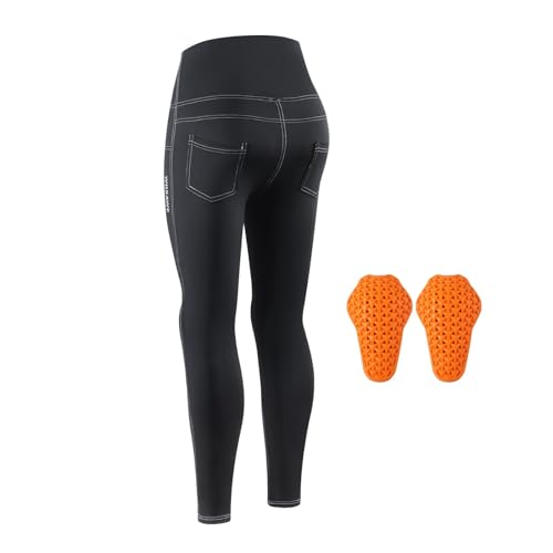 WOSAWE Damen Motorradhose High Waist Cargo Leggings Scrunch Butt Po Lifting Yoga Hosen mit Taschen (Neu Schwarz mit Knieschützer, M) von WOSAWE