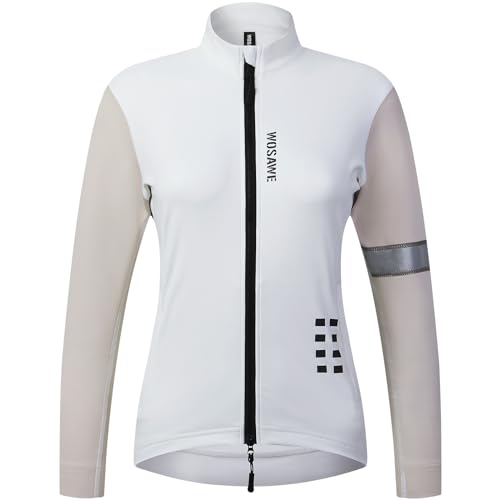 WOSAWE Damen Radjacke Winter Thermo-Vlies Winddicht Atmungsaktiv Fahrradjacke Reflektierend Fahrradbekleidung (Weiß mit Khaki, XL) von WOSAWE