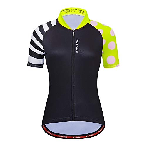 WOSAWE Damen Radtrikot, Punkt- und Streifendesign, feuchtigkeitsableitend, kurze Ärmel, Bike-Top, Grün , Groß von WOSAWE