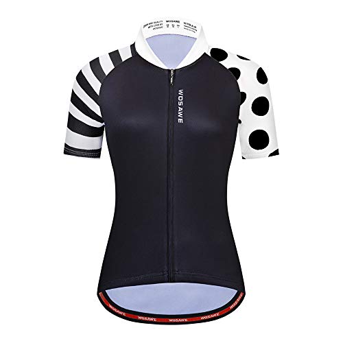 WOSAWE Damen Radtrikot, Punkt- und Streifendesign, feuchtigkeitsableitend, kurze Ärmel, Bike-Top, schwarz, X-Groß von WOSAWE