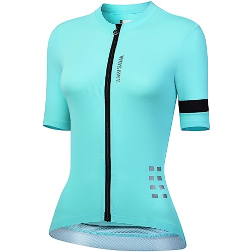 WOSAWE Damen Radtrikot Kurzarm Atmungsaktiv Schnelltrocknend Fahrradtrikot Sommer Rad Tops (Blau, L) von WOSAWE