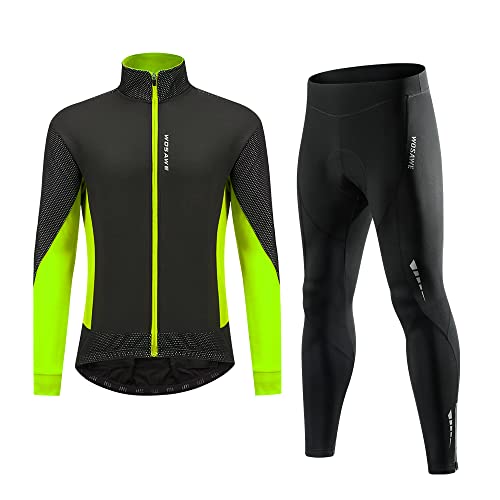 WOSAWE Fahrradhose Set Thermo Fleece Jacke Radfahren Winddicht Mantel MTB Softshell, Grün , XXX-Large von WOSAWE