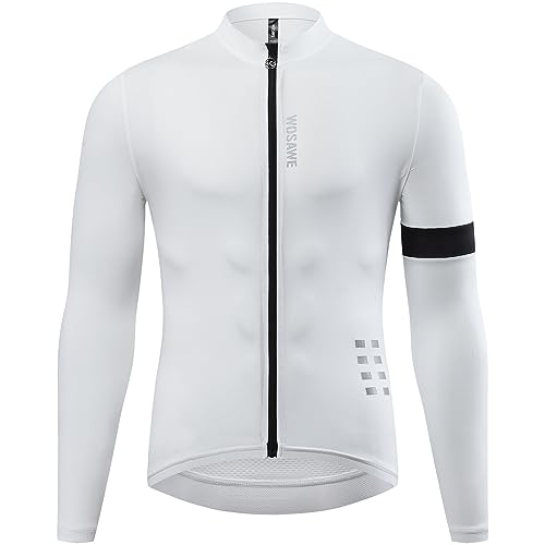 WOSAWE Herren Langarm Radtrikot Atmungsaktive Fahrradtrikot Schnell Trocknen Radsport Bekleidung für Rennrad Radsport Joggen Fitness (BT268 Weiß L) von WOSAWE