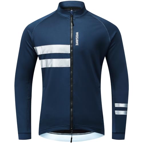 WOSAWE Herren Winter Fahrradjacke Thermo-Vlies Softshell Winddicht Radjacke Atmungsaktiv Reflektierend Fahrradbekleidung (Top Blau, L) von WOSAWE