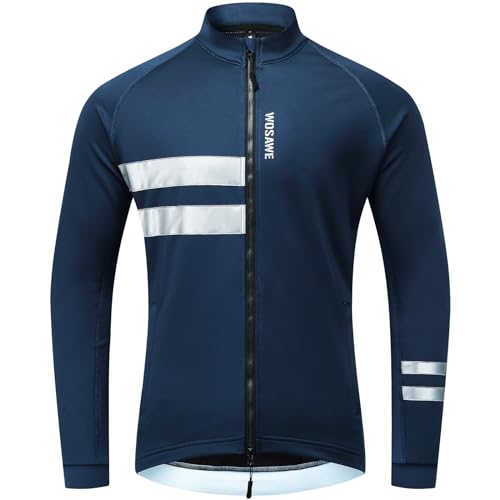 WOSAWE Herren Winter Fahrradjacke Thermo-Vlies Softshell Winddicht Radjacke Atmungsaktiv Reflektierend Fahrradbekleidung (Top Blau, S) von WOSAWE