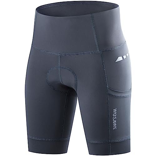 WOSAWE Radlerhose Damen Atmungsaktiv 4D Gepolsterte Fahrradhose Hoher Taille Reitstrumpfhose mit Seitentaschen (Grau, XS) von WOSAWE