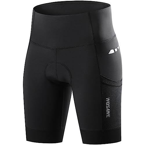 WOSAWE Radlerhose Damen Atmungsaktiv 4D Gepolsterte Fahrradhose Hoher Taille Reitstrumpfhose mit Seitentaschen (Schwarz, S) von WOSAWE