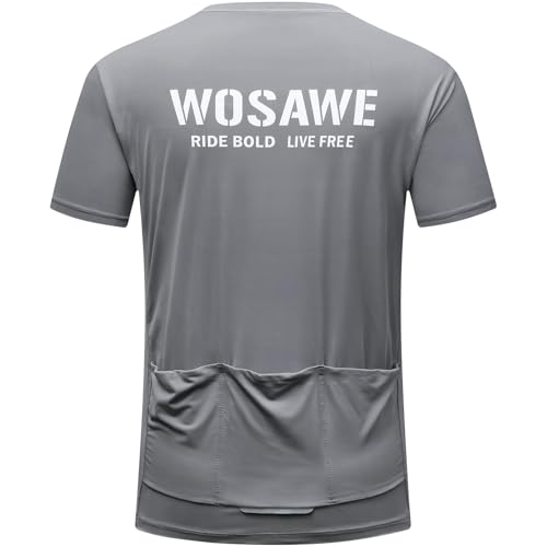 WOSAWE Radtrikot Herren Damen Kurzarm Atmungsaktive Sportshirts Elastisch Schnell Trocknend Laufshirt mit 3 Rückentaschen (Grau, M) von WOSAWE