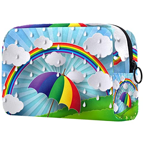 Kleine Kosmetiktasche Reisekosmetiktasche mit Reißverschluss,Regen Sie auf den Regenschirm des Grasregenbogens,Kosmetik Organizer für Frauen von WOSHJIUK