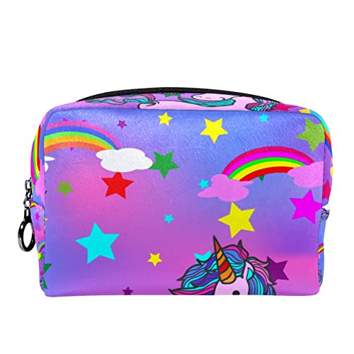 Kleine Kosmetiktasche Reisekosmetiktasche mit Reißverschluss,Regenbogen-Einhorn-Cartoon-Purpur,Kosmetik Organizer für Frauen von WOSHJIUK