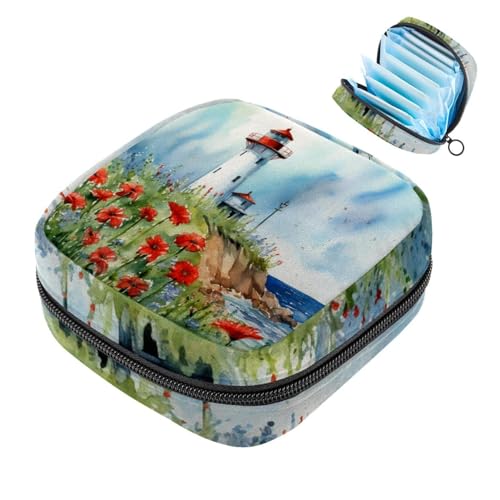 Kleine Reise Make up Tasche,Kosmetiktaschen für Damen,Blumenstrauch Sommer Leuchtturm,Periodentasche von WOSHJIUK