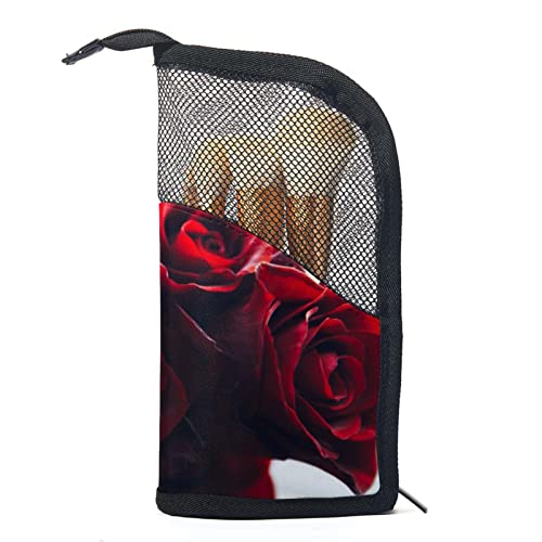 Make-up Pinsel Organizer Tasche mit 12 Make-up-Pinseln,Blume rote Rose,Tragbarer Make-up-Pinselhalter Set Koffer von WOSHJIUK