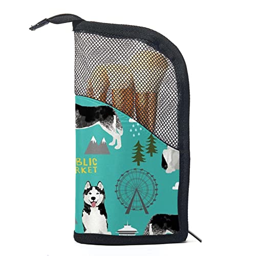 Make-up Pinsel Organizer Tasche mit 12 Make-up-Pinseln,Husky-Hundepark mit Blumen,Tragbarer Make-up-Pinselhalter Set Koffer von WOSHJIUK