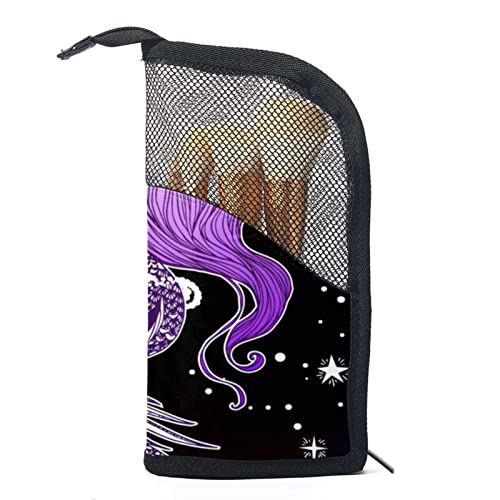Make-up Pinsel Organizer Tasche mit 12 Make-up-Pinseln,sternenklares Weltraum-Meerjungfrau-Mädchen,Tragbarer Make-up-Pinselhalter Set Koffer von WOSHJIUK