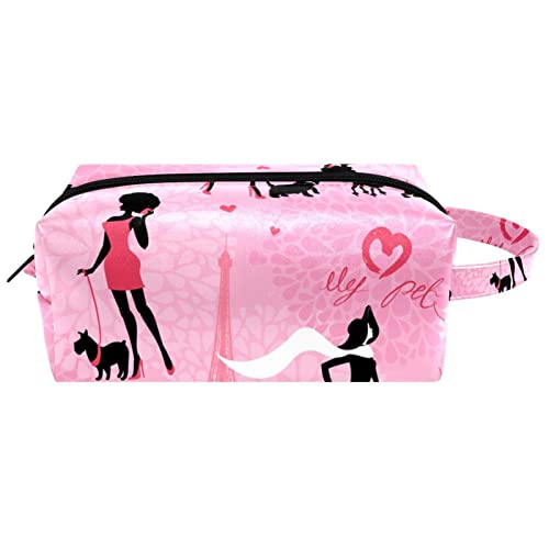 Make-up-Tasche aus PU-Leder,Reise-Kosmetiktasche,Make-up-Tasche,Mädchen-Silhouette-Hund-Paris-Turm,Kosmetik Organizer für Frauen von WOSHJIUK