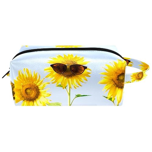 Make-up-Tasche aus PU-Leder,Reise-Kosmetiktasche,Make-up-Tasche,Sonnenblume mit Sonnenbrille,Kosmetik Organizer für Frauen von WOSHJIUK