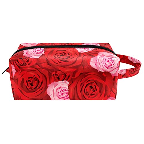 Make-up-Tasche aus PU-Leder,Reise-Kosmetiktasche,Make-up-Tasche,Weinlese-Rosen-Blumen-Rosa-Rot,Kosmetik Organizer für Frauen von WOSHJIUK
