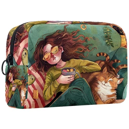 Make up Tasche klein,Make up Reisetasche,Katze und Mädchen im Sofa,Make up Organizer Tasche von WOSHJIUK