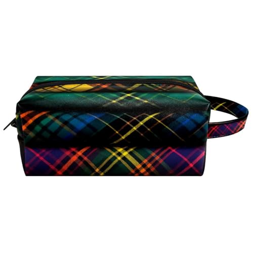 Make up Taschen für Damen,Kulturbeutel für Herren,Klassisches lila und grünes Kariertes Muster,Reise Kosmetiktasche von WOSHJIUK