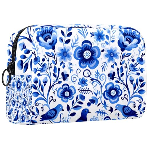 Reise Kulturbeutel,kleine Make up Tasche,Blumen Vögel Blaue Blätter,Make up Taschen für Frauen von WOSHJIUK