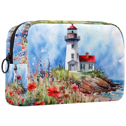Reise Kulturbeutel,kleine Make up Tasche,Blumenstrauch Sommer Leuchtturm,Make up Taschen für Frauen von WOSHJIUK