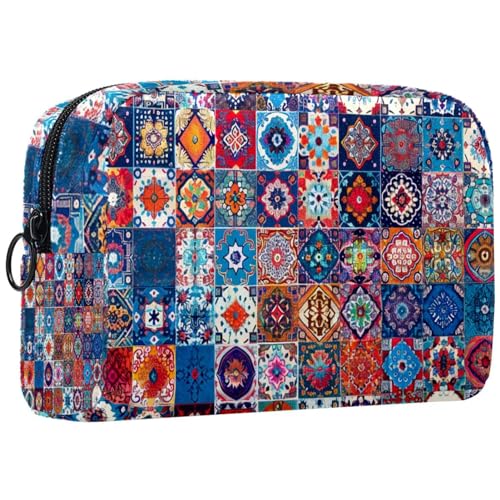 Reise Make up Tasche,Reise Kulturbeutel für Damen,Ethnisches Vintages Kariertes Blumenmuster,Kosmetik Reisetasche Reise Make up Tasche,Reise Kulturbeutel für Damen,Ethnisches Vintages Kariertes Blumenmuster,Kosmetik Reisetasche von WOSHJIUK