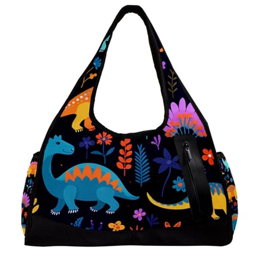 Sporttaschen für Herren,Reisetaschen für Damen,bunter Blumen Cartoon Dinosaurier,Trainingstasche von WOSHJIUK