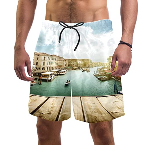 WOSHJIUK Herren-Badehose, schnell trocknende Boardshorts mit Netzfutter,Fluss Italien und Holzoberfläche,Strandshorts Herrenshorts von WOSHJIUK