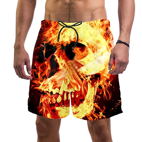 WOSHJIUK Herren-Shorts,Badehose,schnell trocknend,Schädel und Feuer,Board Short Outdoor Walk Beach Bademode von WOSHJIUK