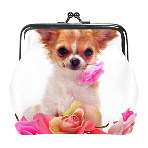 WOSHJIUK Münzgeldbörsen Kleingeldbeutel für Damen,Chihuahua-Hund und Rose,Münzhalter Kleine Geldbörsen Kleingeldbörse von WOSHJIUK