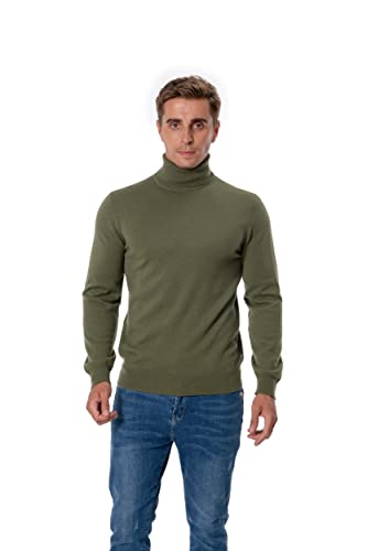 WOSICA Men's 100% Extrafine Merino Wool Knited Long Sleeve Pullover with Turtle Neck (Olive, S) von WOSICA