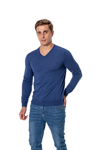 WOSICA Men's 100% Extrafine Merino Wool Knited Long Sleeve Pullover with V-Neck (Heather Blue M) von WOSICA