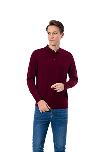 WOSICA Men's 100% Extrafine Merino Wool Long Sleeve Polo (Burgundy S) von WOSICA