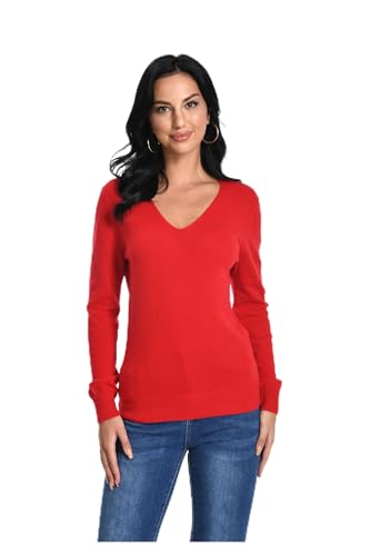 WOSICA Women‘s 100% Cashmere V-Neck Long Sleeve Pullover(Alizarin Red M) von WOSICA