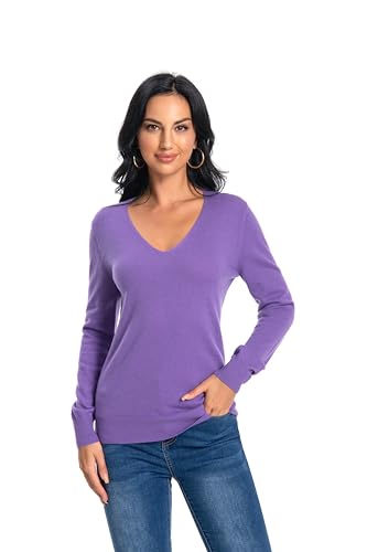 WOSICA Women‘s 100% Cashmere V-Neck Long Sleeve Pullover(Purple XL) von WOSICA