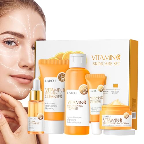 Vitamin-C-Gesichtsset, 5 Stück/Set feuchtigkeitsspendende, aufhellende Gesichtscreme, Hautpflege-Geschenkset gegen geschwollene Augen, Hautstraffung, Weihnachtsgeschenksets für Damen und Herren, Woteg von WOTEG